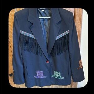 Vintage Western Black Embroidered Women's Jacket with Suede Fringe